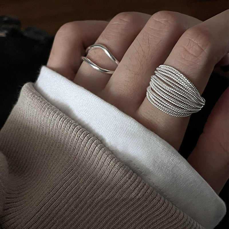 925 Sterling Silver Unique Lines Ring For Women Jewelry Finger Adjustable Open Vintage Ring For Party Birthday Gift