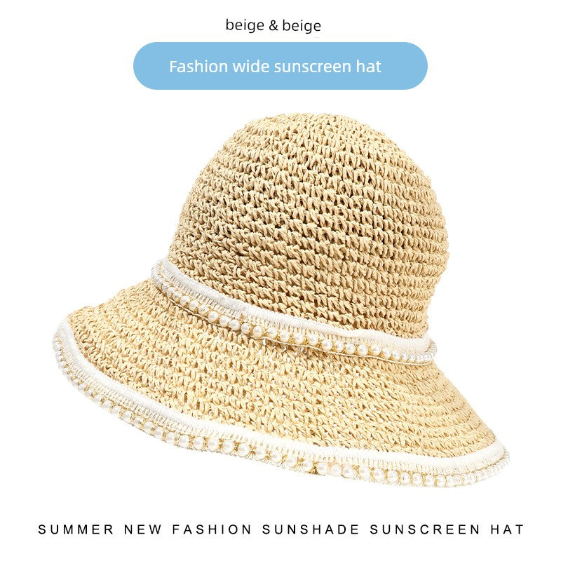 Straw Hat Ins Korean Style Lace-up Cutout Straw Hat Women's Summer Travel Sun-Proof Beach Sun Hat Pearl Edge Sun Hat