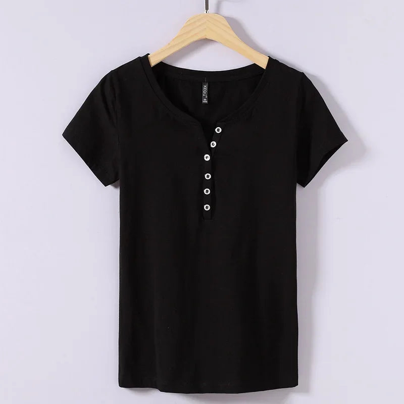 Women’s V-Neck Button Cotton T-Shirt