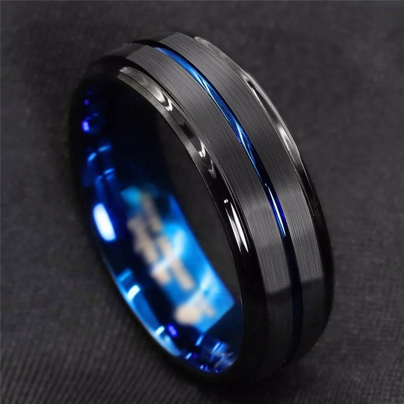 Black Tungsten Men’s Ring with Blue Groove - Jeglowstore