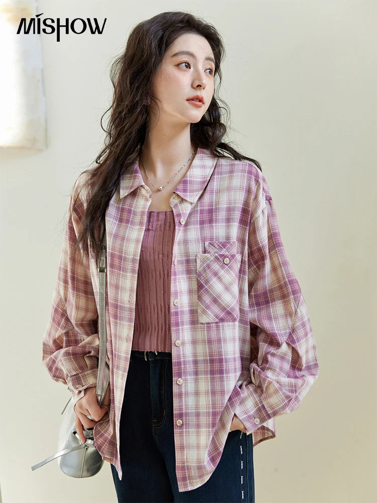 Women’s Purple Plaid Cotton Shirt - Jeglowstore