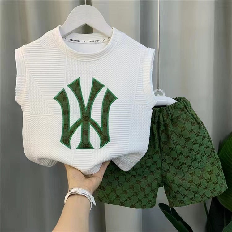 New Boutique Desginer Baby Boys Clothing Summer Sleevelesee Pullover Shirt And Pants 2pcs For Kids 2-8 Years Casual Sport Set