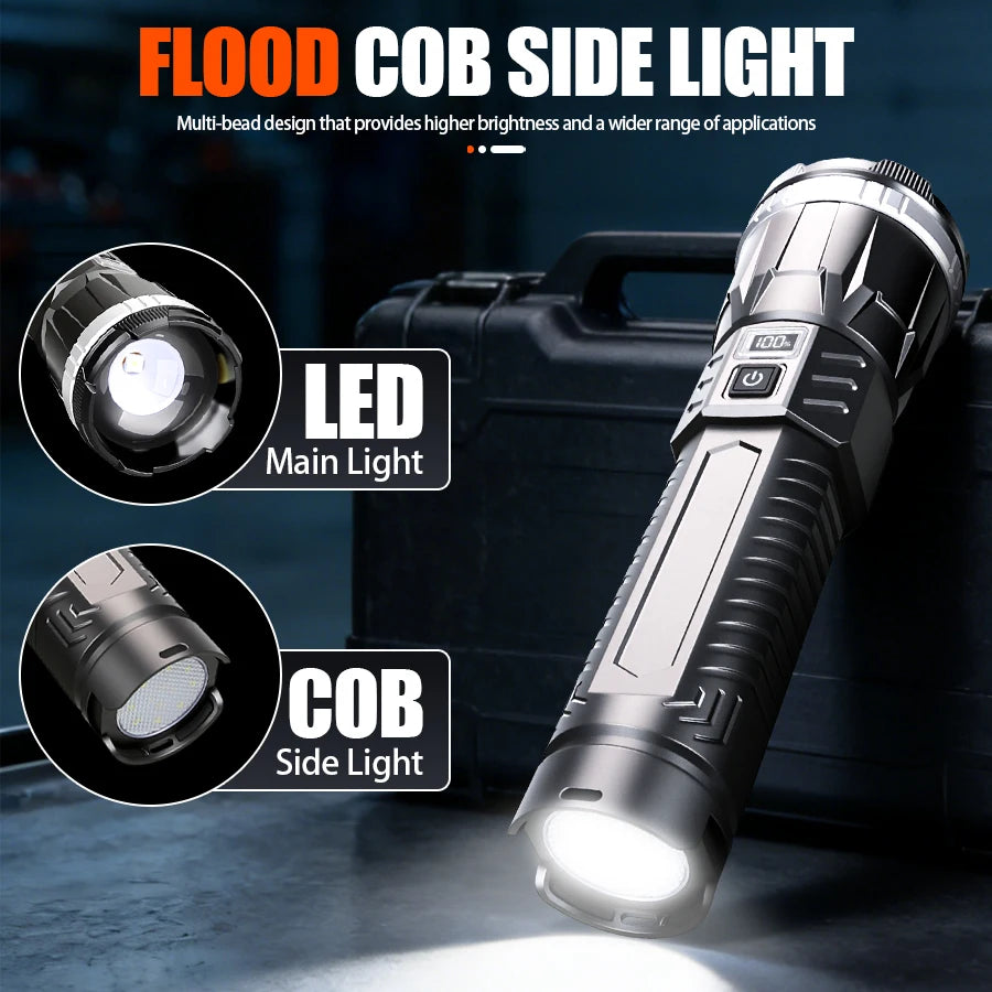 5000 MAH Powerful LED Flashlight Rechargeable Lamp Side Light Waterproof Handheld Torch Outdoor Camping Hiking