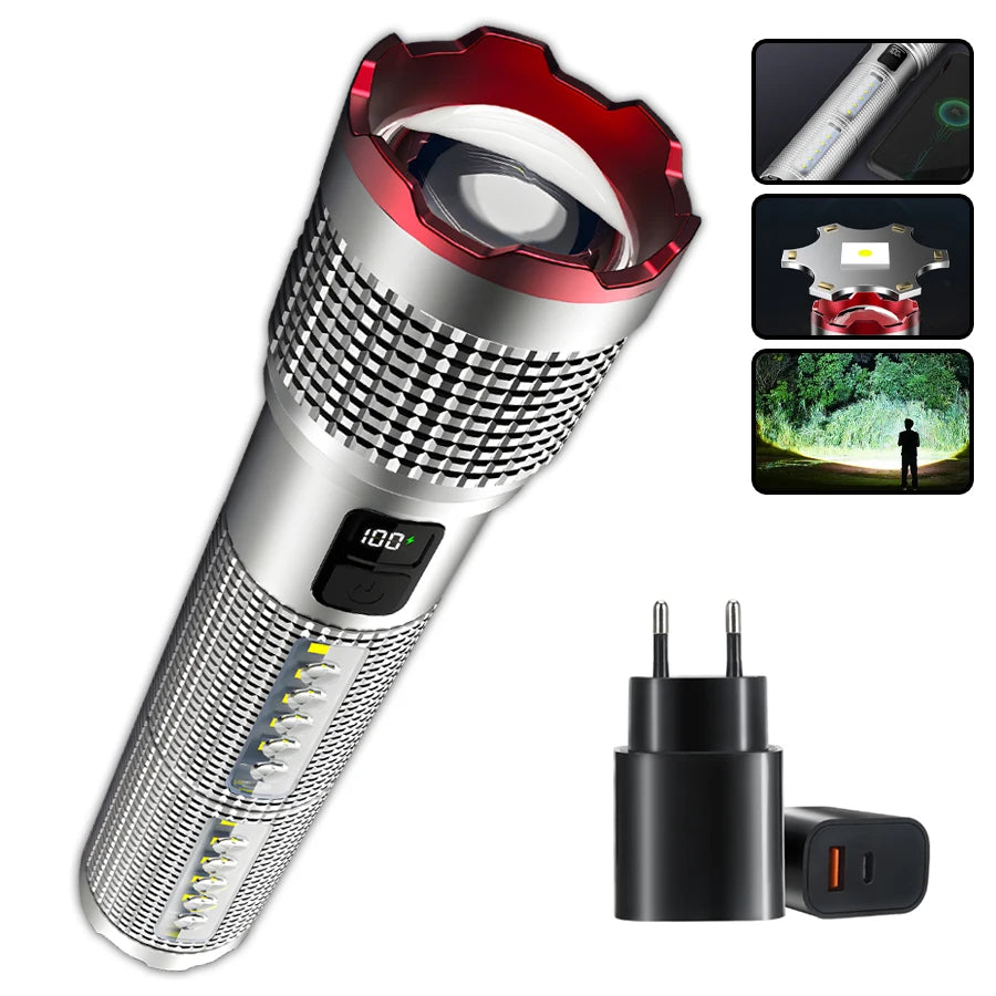 5000 MAH Powerful LED Flashlight Rechargeable Lamp Side Light Waterproof Handheld Torch Outdoor Camping Hiking