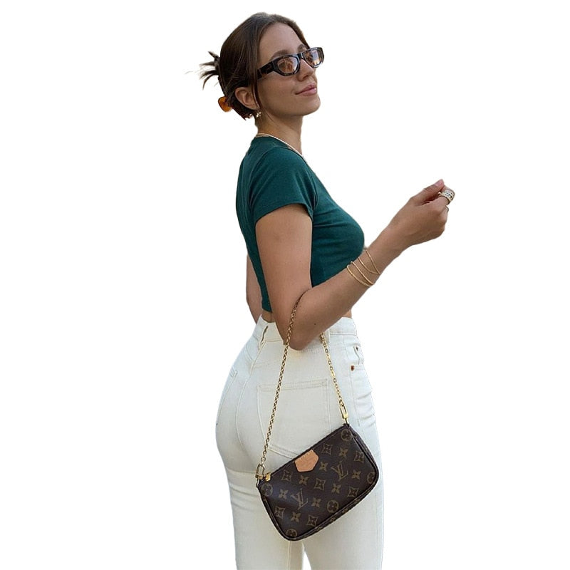 Y2K Embroidery Letter Printing Stitch Green 90s Crop Tops O-neck Short Sleeve T-shirts clothes shirt vintage bf clothing tee