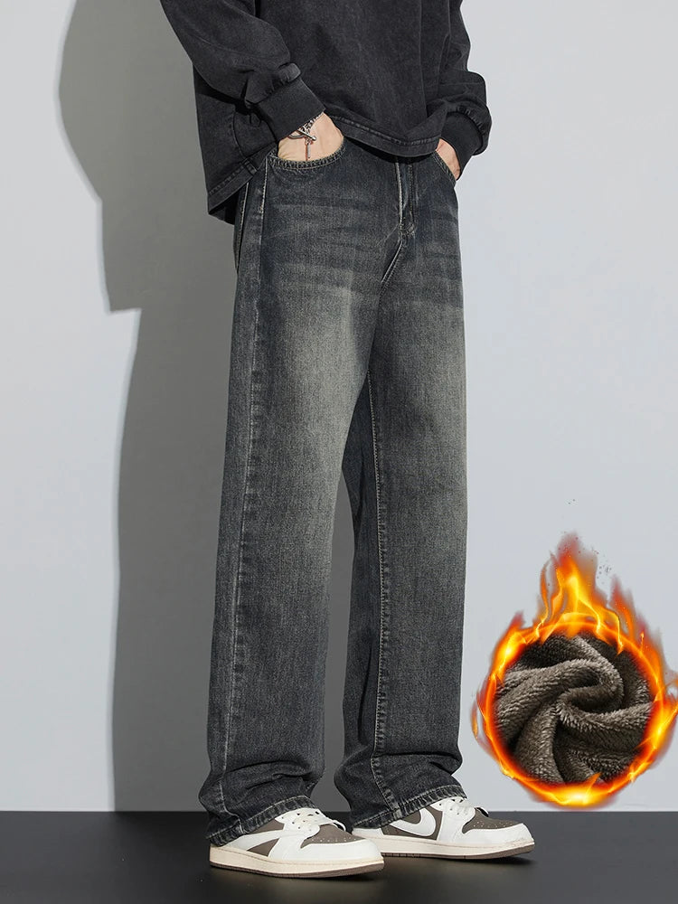 Men’s Korean Fleece Wide Jeans - Jeglowstore