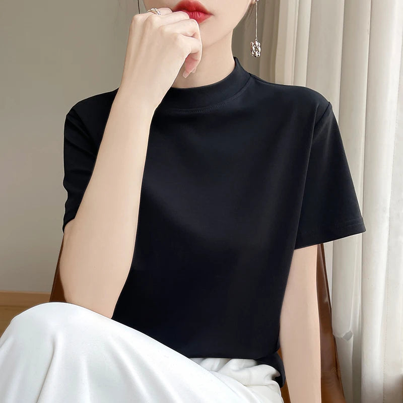 Women’s Semi-High Neck Cotton T-Shirt - Jeglowstore