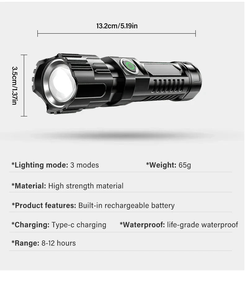 Super Bright LED Flashlight USB Rechargeable Flashlights with Tactical Zoom High Power Spotlight Outdoor Camping Fishing Torch