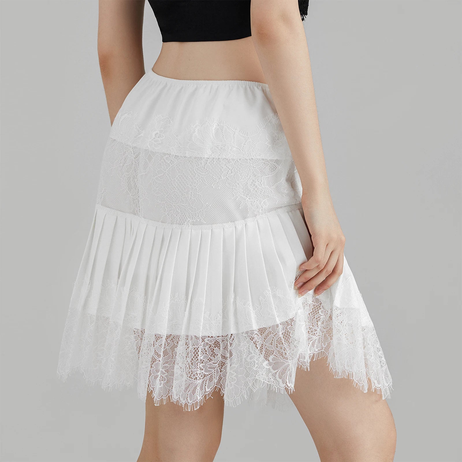 Solid Pleated Mini Skirt with Lace - Jeglowstore