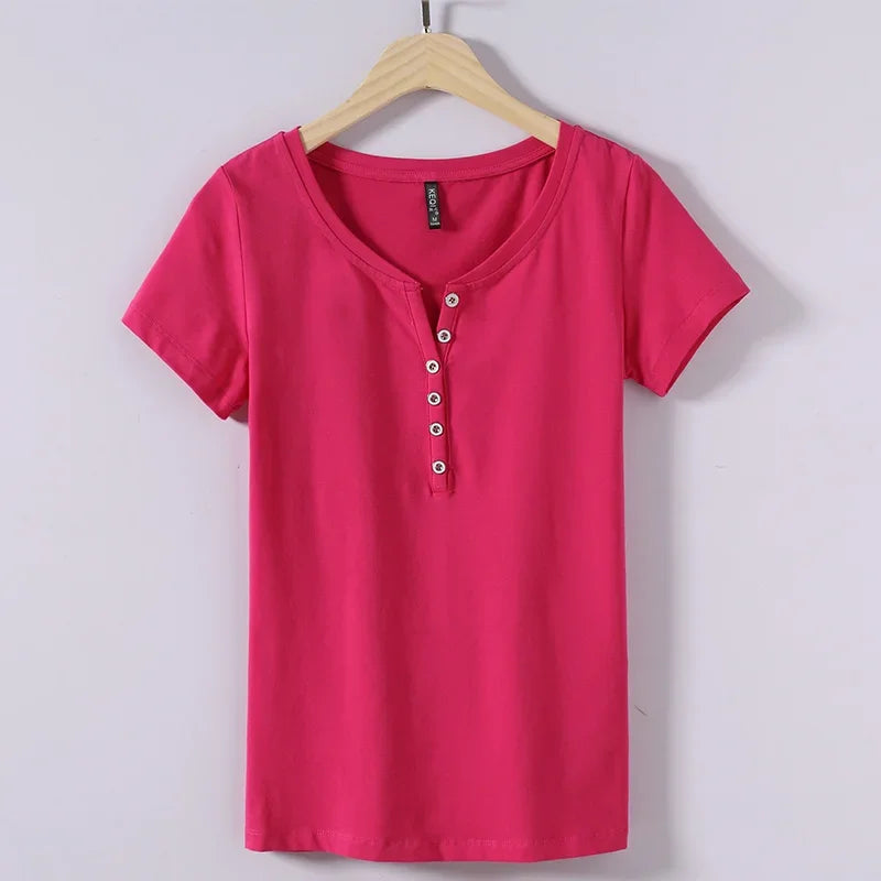 Women’s V-Neck Button Cotton T-Shirt
