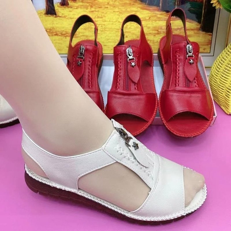 Summer Shoes for Women Sandals Pu Leather Comfort Mother Shoes Zipper Flat Solid Color Plus Size Fashion Sandalias De Mujer