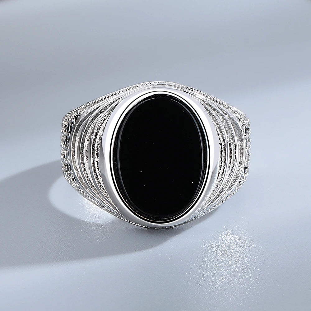 Vintage Black Agate Silver Ring - Jeglowstore
