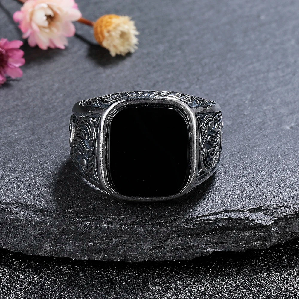 Men’s Black Agate Sterling Silver Ring - Jeglowstore