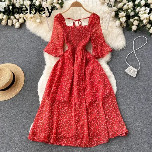 2024 Fashion Summer Flower Print Long Dress Women Vintage Square Neck Ruched Chest Chiffon Sundress Party Vestidos
