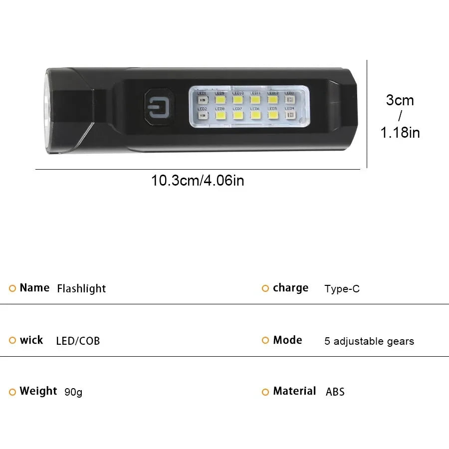 Super Bright LED Flashlight USB Rechargeable Torch Red Blue Flash Dual-source COB Floodlight for Outdoor Camping Emergency Light