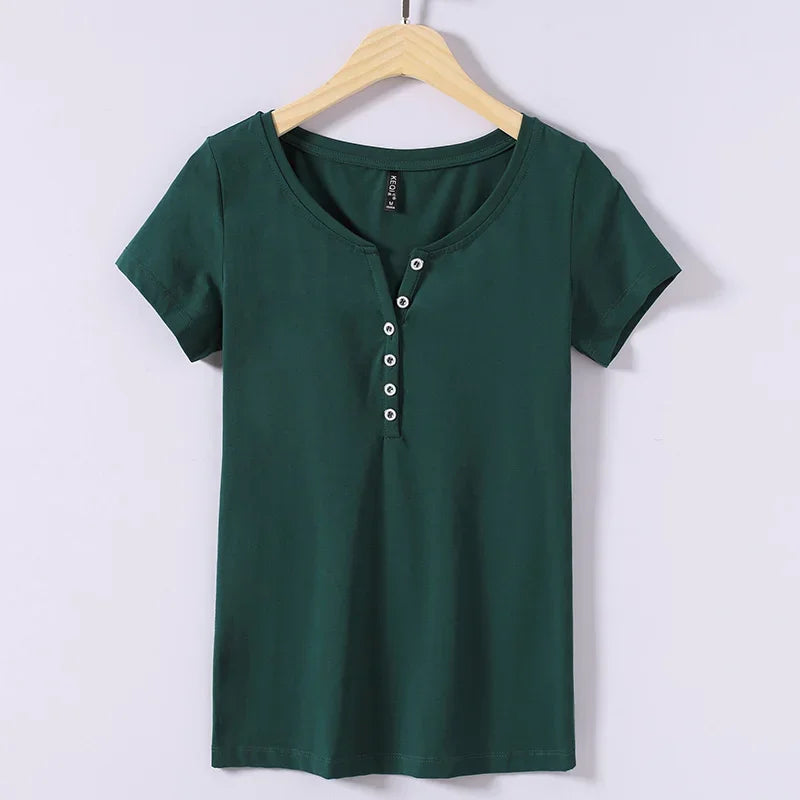 Women’s V-Neck Button Cotton T-Shirt