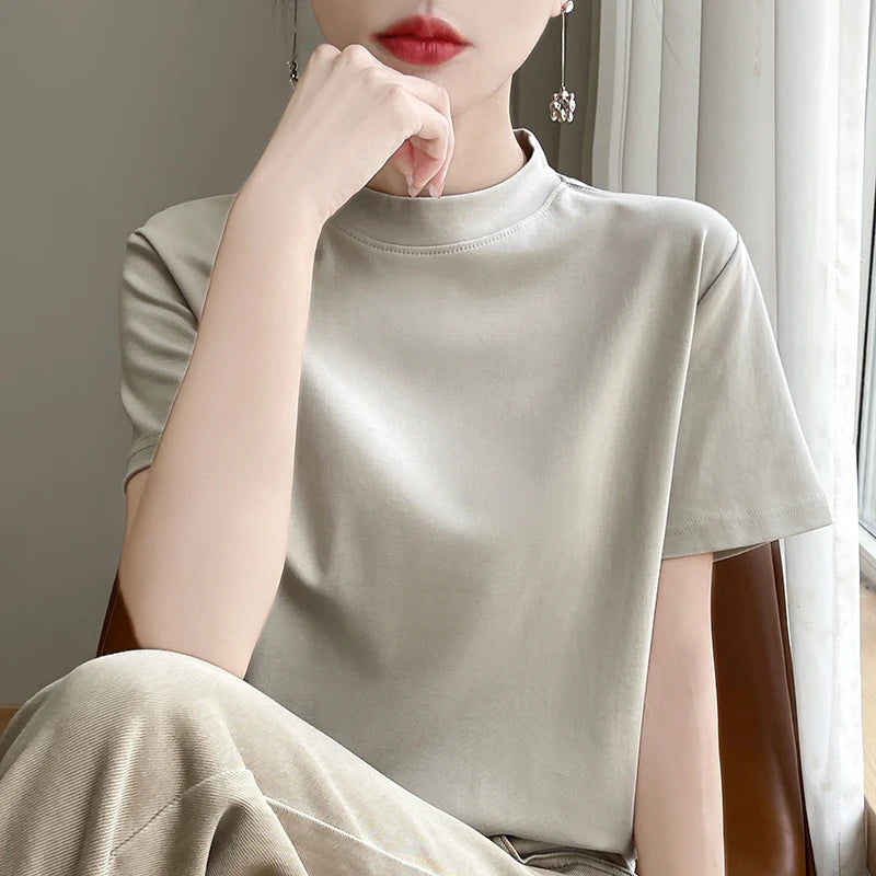 Women’s Semi-High Neck Cotton T-Shirt - Jeglowstore
