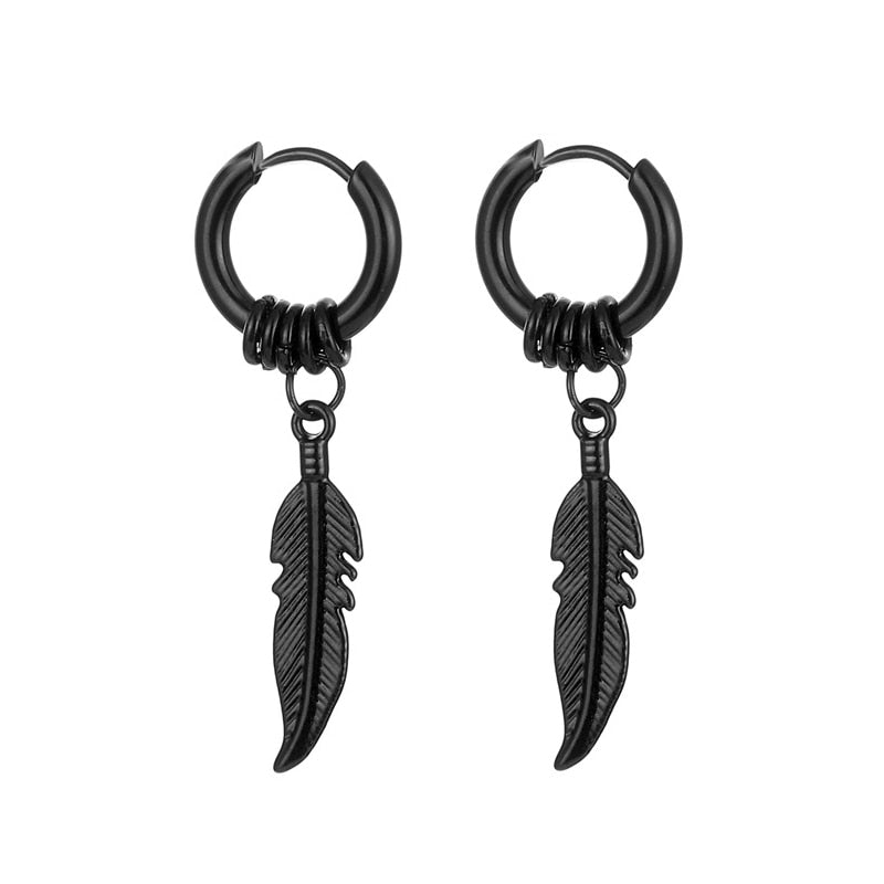 1Pcs Fashion Feather Hoop Stud Earrings For Women men 2022 New Punk Rock Style High Quality Stainless Steel Ear Jewelry Earrings