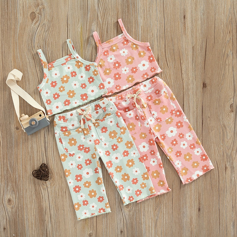 Lovely Children Summer Clothing Sets Ribbed Floral Print Sleeveless Tanks Tops+Elastic Waist Pocket Long Pants Casual Outfits