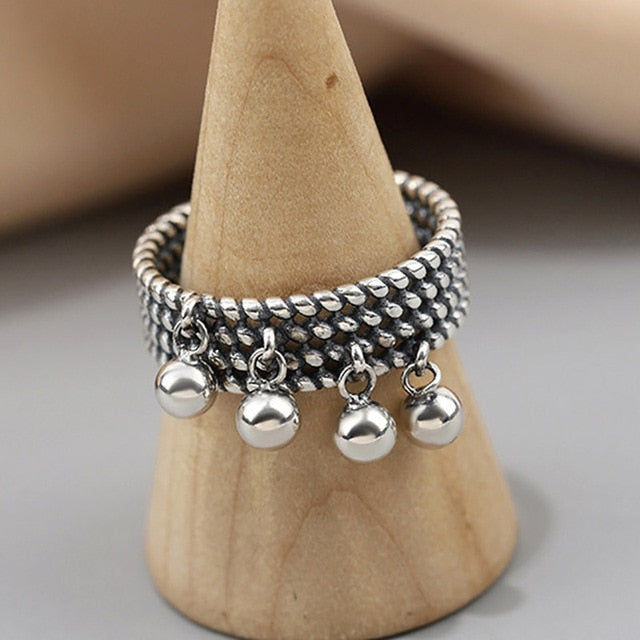 Foxanry Vintage Punk Silver Color Rings New Trendy Creative Beads Pendant Tassel Geometric Party Jewelry Gifts for Women
