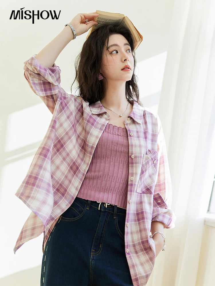 Women’s Purple Plaid Cotton Shirt - Jeglowstore