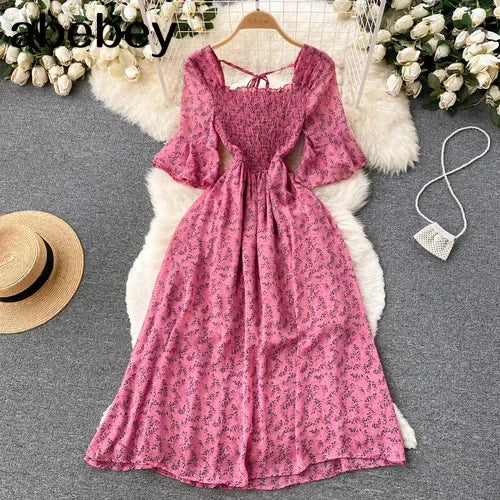 2024 Fashion Summer Flower Print Long Dress Women Vintage Square Neck Ruched Chest Chiffon Sundress Party Vestidos