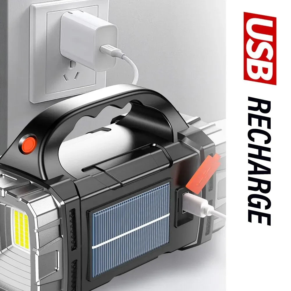 2024 Powerful LED Flashlight USB+Solar Rechargeable Flashlight COB Outdoor Camping Torch Portable Searchlight Power Bank Outdoor - Jeglowstore