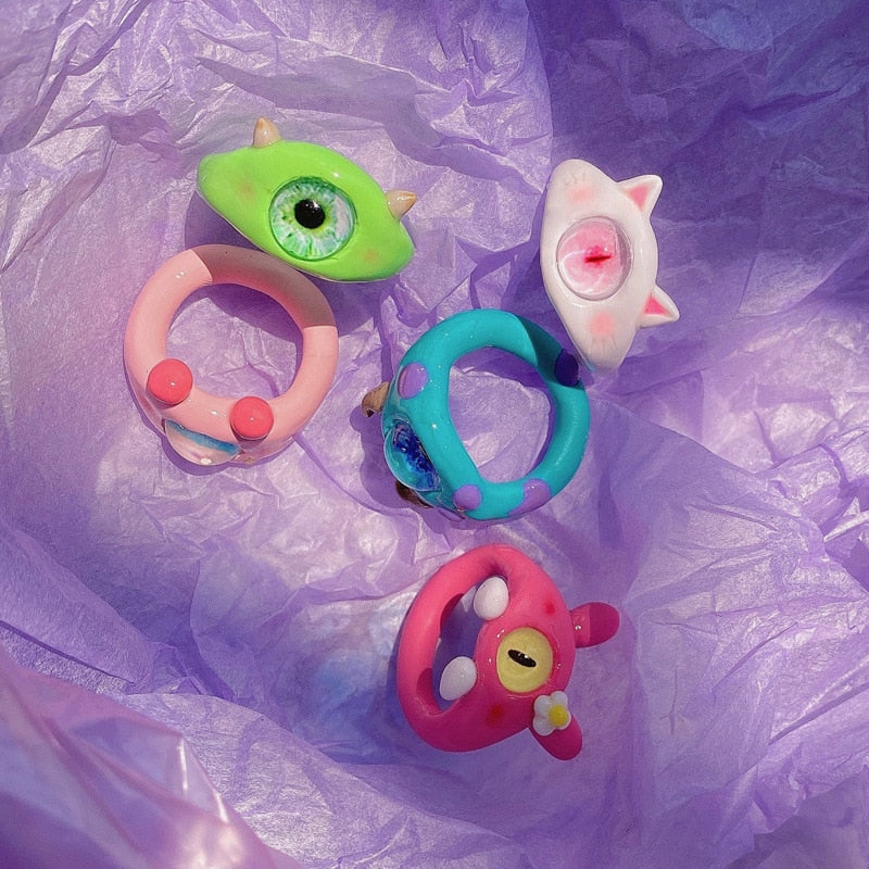 Punk eyes ring Cute Green Monster Ring For Women Fashion Sweet Two Color Cat Eyes Open Couple Ring party Finger Accessories