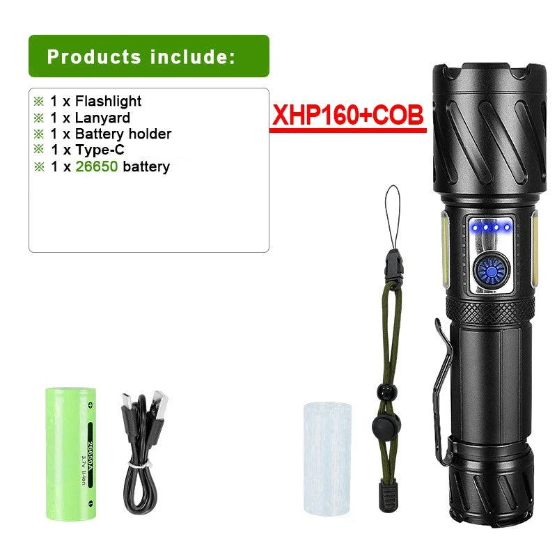High Power Tactical Torch USB RechargeableLEDPowerful Flashlight with Magnet Tail Metal Clip for Outdoor Sports Camping Lantern - Jeglowstore