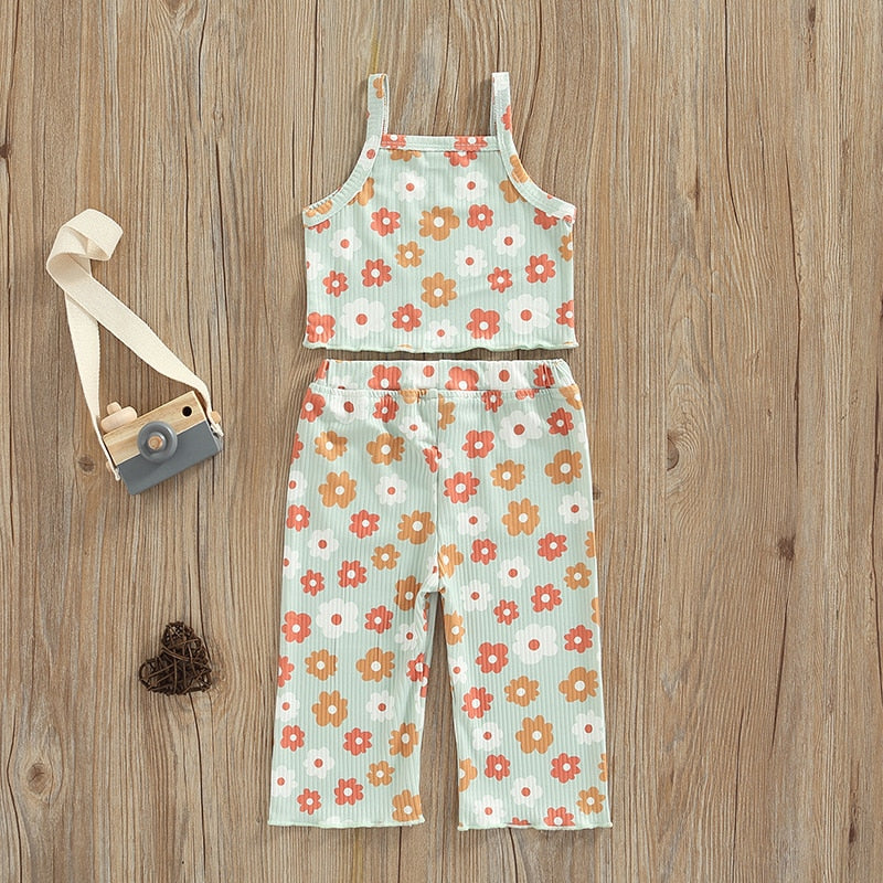 Lovely Children Summer Clothing Sets Ribbed Floral Print Sleeveless Tanks Tops+Elastic Waist Pocket Long Pants Casual Outfits