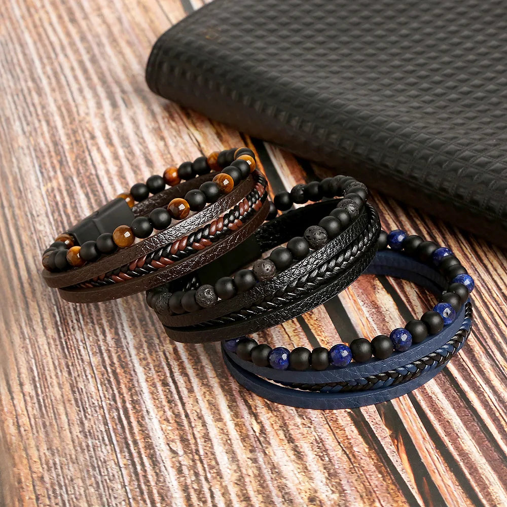 Men’s Beaded Leather Bracele - Jeglowstore
