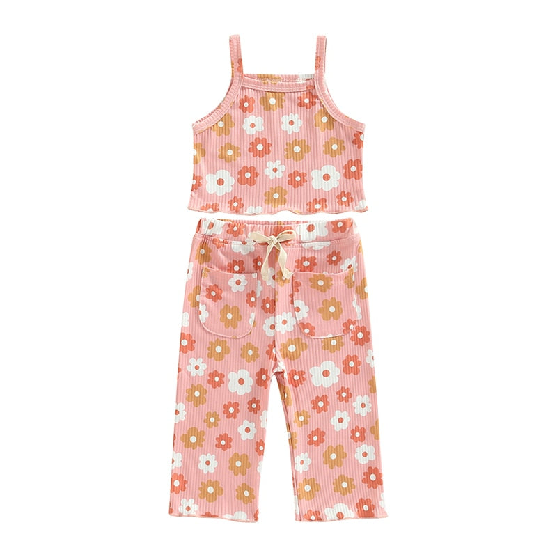 Lovely Children Summer Clothing Sets Ribbed Floral Print Sleeveless Tanks Tops+Elastic Waist Pocket Long Pants Casual Outfits