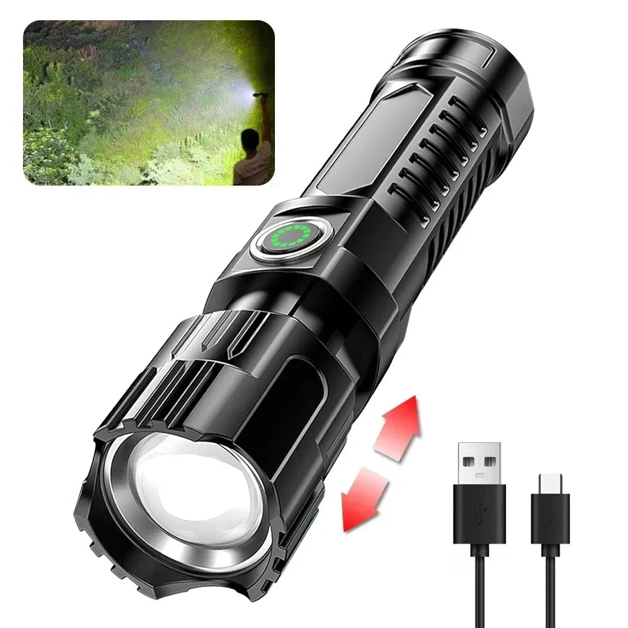 Super Bright LED Flashlight USB Rechargeable Flashlights with Tactical Zoom High Power Spotlight Outdoor Camping Fishing Torch