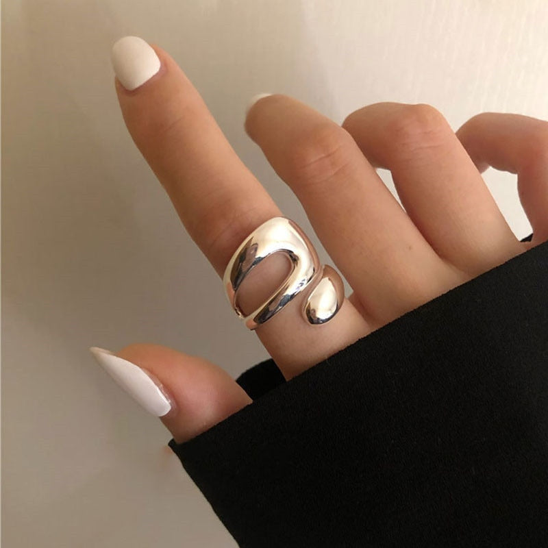 2023 New Arrival Irregular Hollow Silver Color Wide Ring Female Fashion Retro Unique Design Handmade Jewelry Gifts