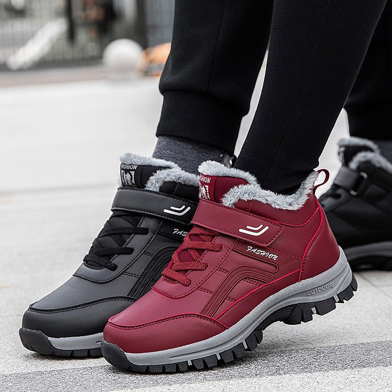 Women Men Boots Winter Snow Boots Outdoor Non-slip Sneakers Plush Leather Waterproof Boots Man High Quality Lace-up Hiking Shoes