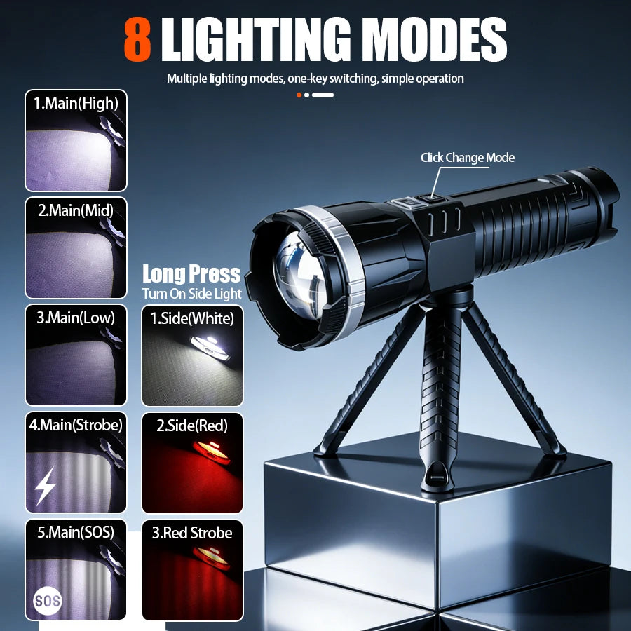 5000 MAH Powerful LED Flashlight Rechargeable Lamp Side Light Waterproof Handheld Torch Outdoor Camping Hiking