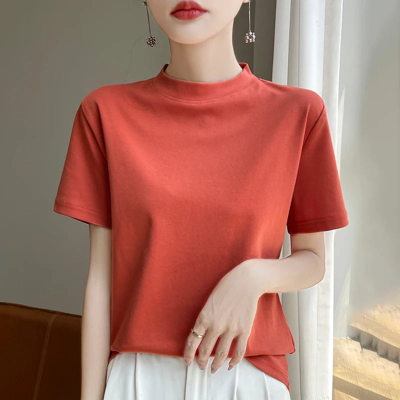 Women’s Semi-High Neck Cotton T-Shirt - Jeglowstore