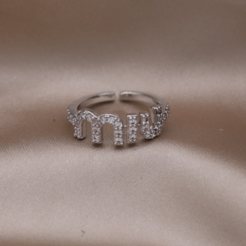 2023 Korean New Design Fashion Jewelry 14K Gold Plated Letter M Zircon Open Ring Elegant Women's Daily Work Accessories