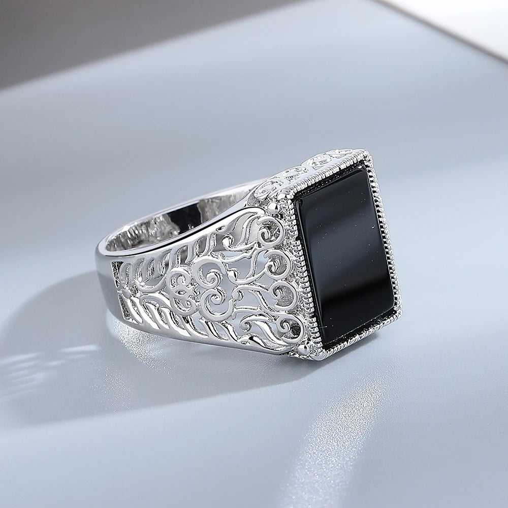 Vintage Black Agate Silver Ring - Jeglowstore