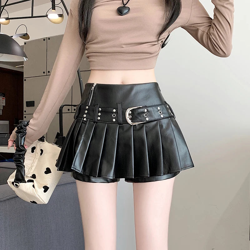 Gothic Pleated Leather Mini Skirt