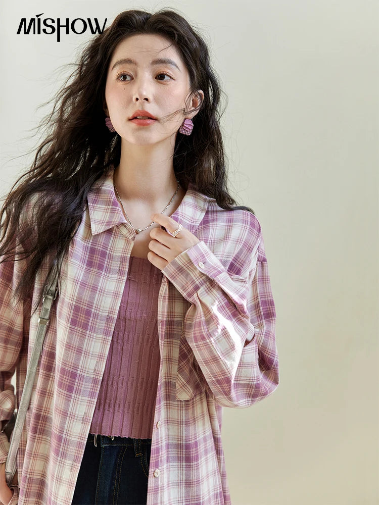 Women’s Purple Plaid Cotton Shirt - Jeglowstore