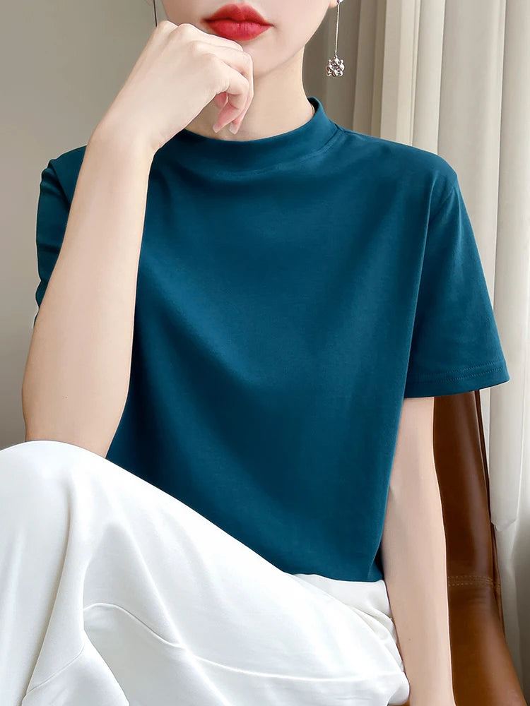 Women’s Semi-High Neck Cotton T-Shirt - Jeglowstore