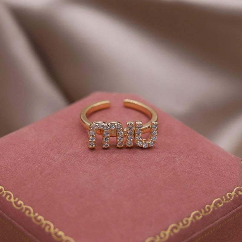2023 Korean New Design Fashion Jewelry 14K Gold Plated Letter M Zircon Open Ring Elegant Women's Daily Work Accessories