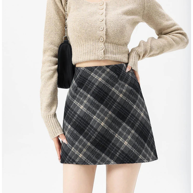 Wool Plaid High Waist Mini Skirt