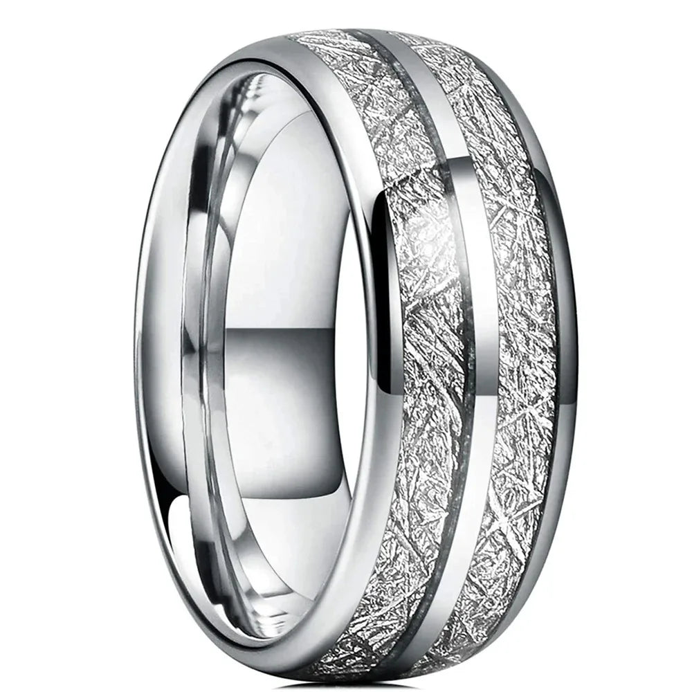 Titanium Wedding Band with Silver Double Groove & Meteorite Inlay - Jeglowstore