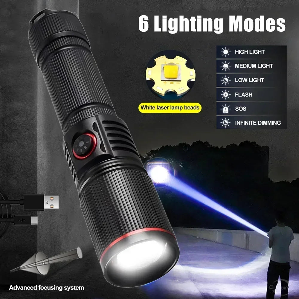 30W White Laser LED Flashlight Zoom Torch USB Rechargeable Light Outdoor Camping Hunting Fishing Walking Riding Lighting Lamp