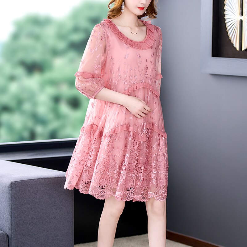 Women's Silk Embroidered Dress 2022 Summer New Large Size Loose Tight Printed Swing Skirt High End Elegant Party Skirt Vestidos