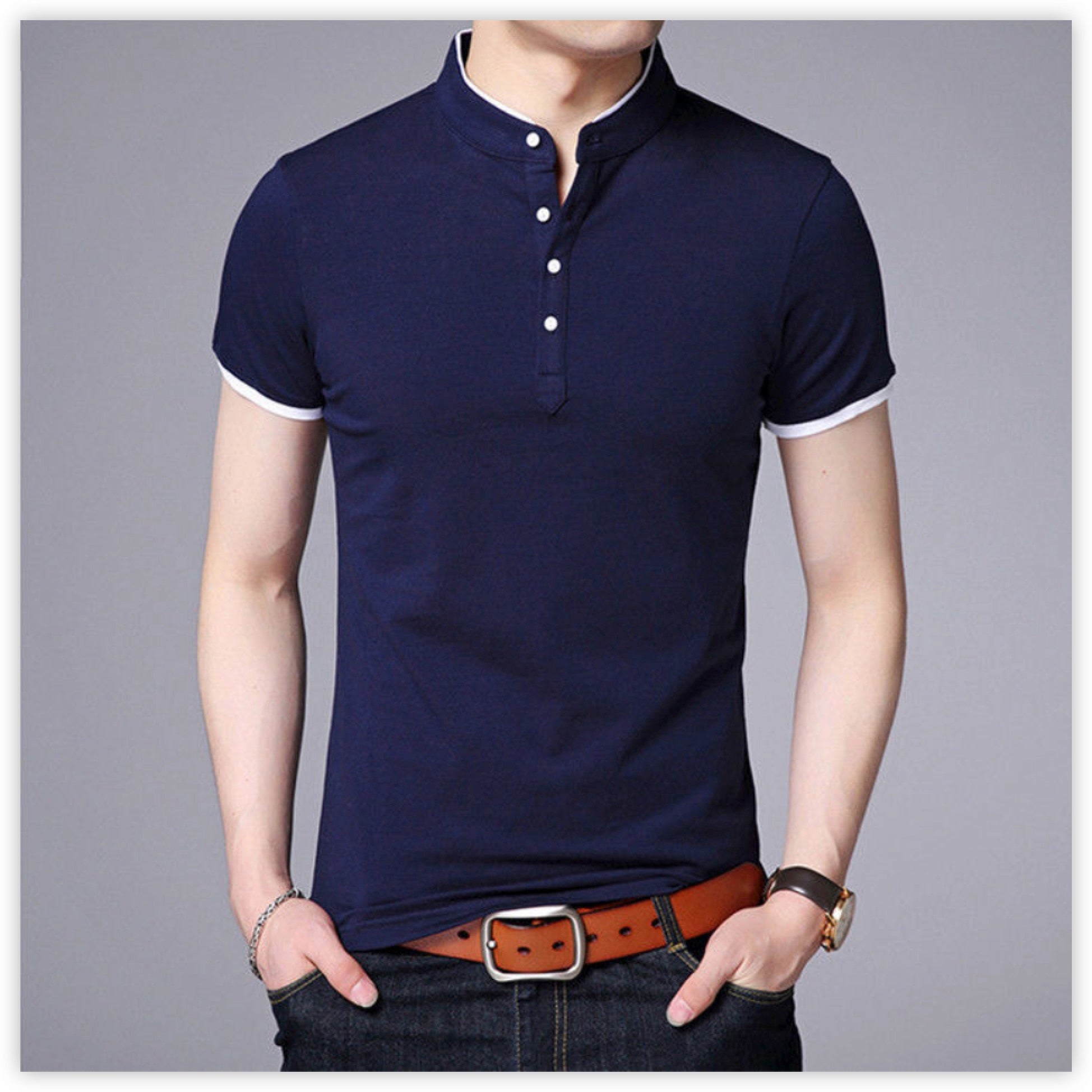 Casual Short Sleeve T Shirts Half Buttons Stand Collar Comfy Pullovers