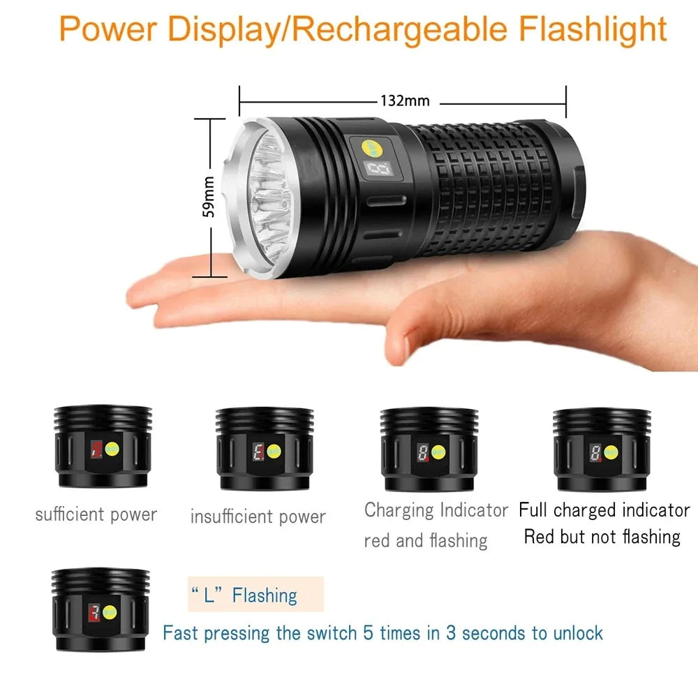 18 LED High Power Flashlight Super Bright Lantern USB Rechargeable High Lumen Torch Waterproof Strong Light Lamp Camping Outdoor