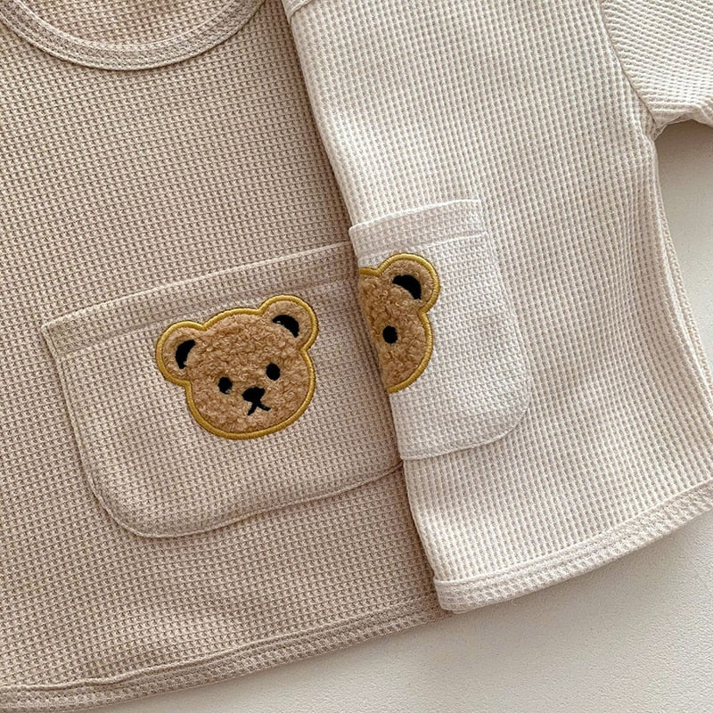 MILANCEL 2023 Summer Baby Clothing Set Waffle Bear Tee and Shorts 2 Pcs Suits Baby Girls Clothes Set